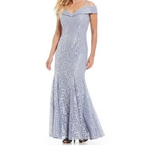 R & M Richard’s Off the shoulder, Cap Sleeve, Flowing Lace Mermaid Gown